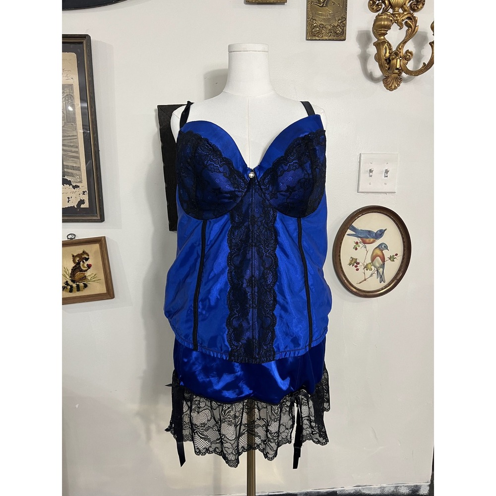 Cacique Royal Blue Black Lace Plus Sz Corset Lingerie Set Top 26/28 Bottom 22/24